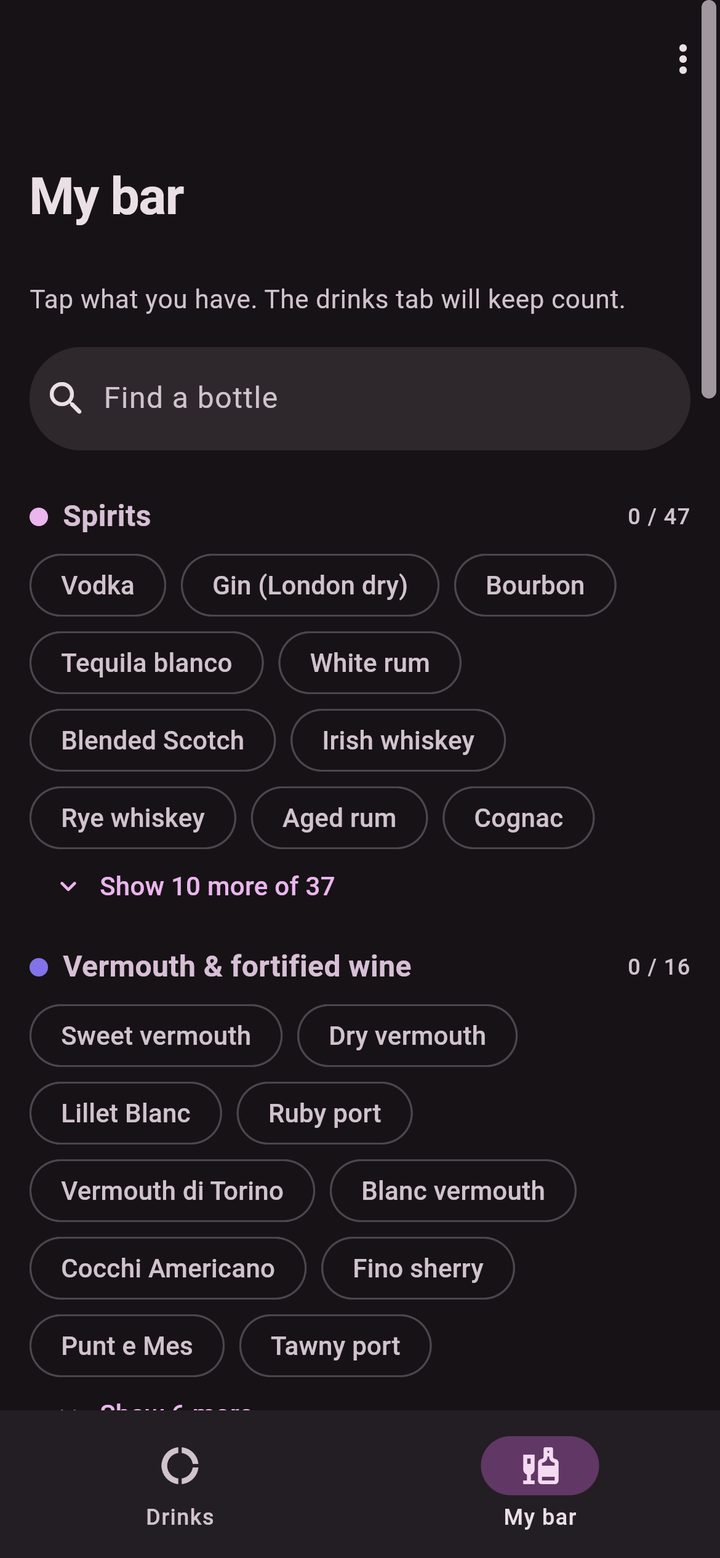 My bar: a Find a bottle search box over spirits and vermouths, the most common first, with Show 10 more of 37 below the spirits